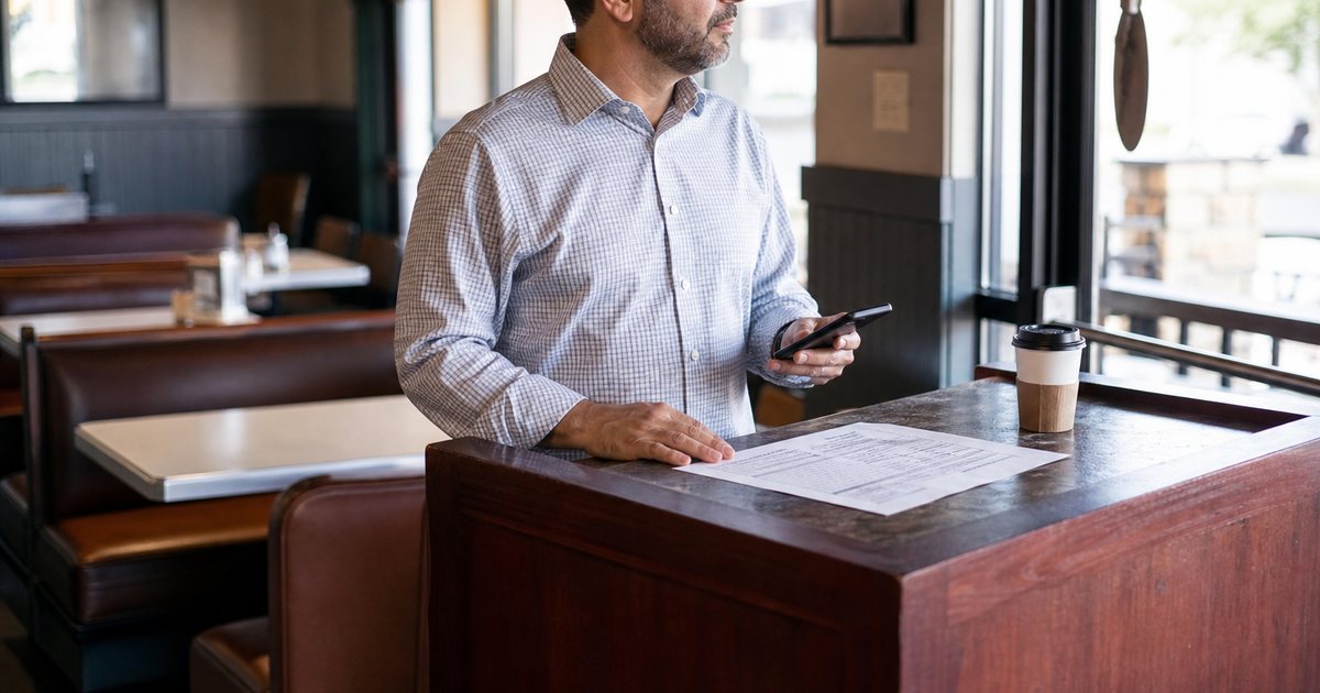 A restaurant manager standing at a host stand near the front door of a diner in the early morning, holding a phone in one hand, a coffee cup and a paper schedule on the counter, warm daylight through the front windows