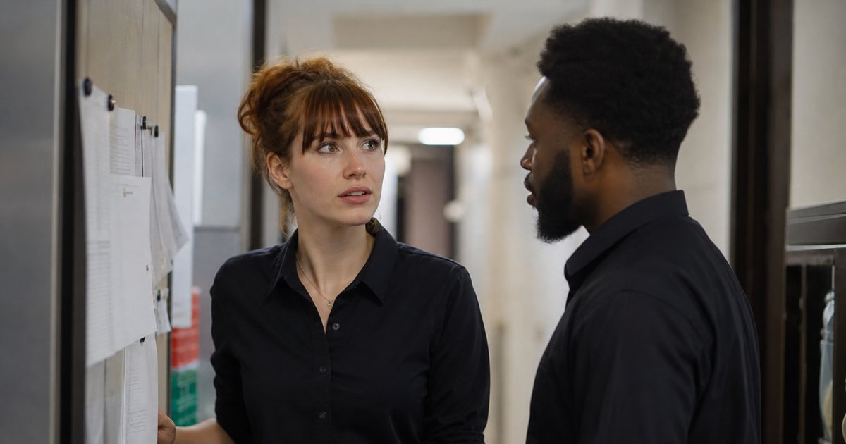 Two restaurant employees talking near a staff schedule board in a back hallway