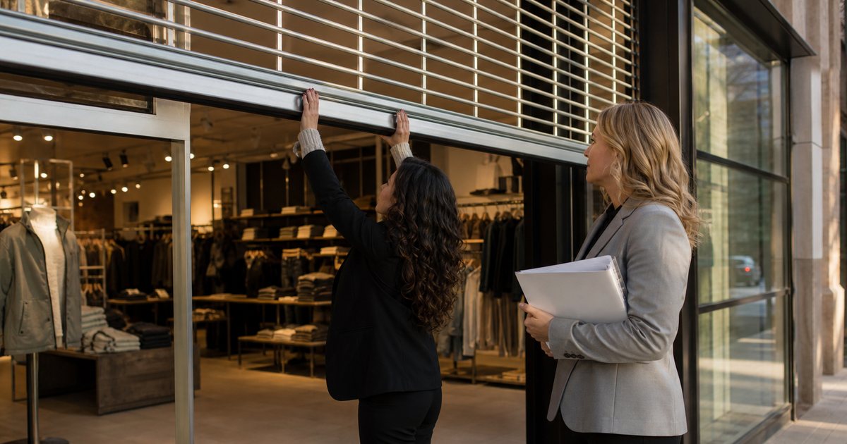 A retail clothing store on a city street at opening time, an employee rolling up the front security gate while a manager stands beside her holding a printed schedule binder, morning light on the storefront
