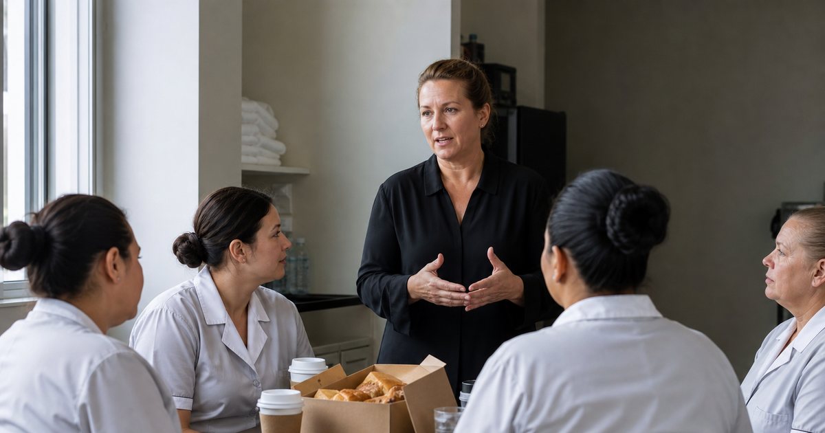 A small group of hotel housekeeping staff in uniform gathered around a manager in a break room for a short pre-shift huddle, coffee and a box of pastries on the table, natural light from a window