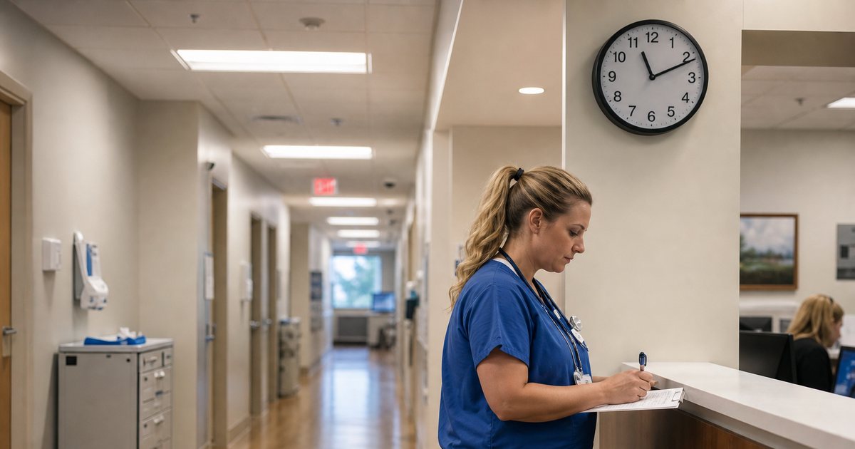 A wall clock above a hospital nurses station with a nurse in scrubs writing on a paper clipboard, a quiet hallway lit by overhead lights, a rolling cart parked against the wall