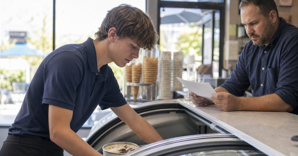 A teenage employee in a polo shirt restocking a freezer case in an ice cream shop on a summer afternoon, a manager nearby leaning on the counter reading a paper schedule, bright natural light from the storefront