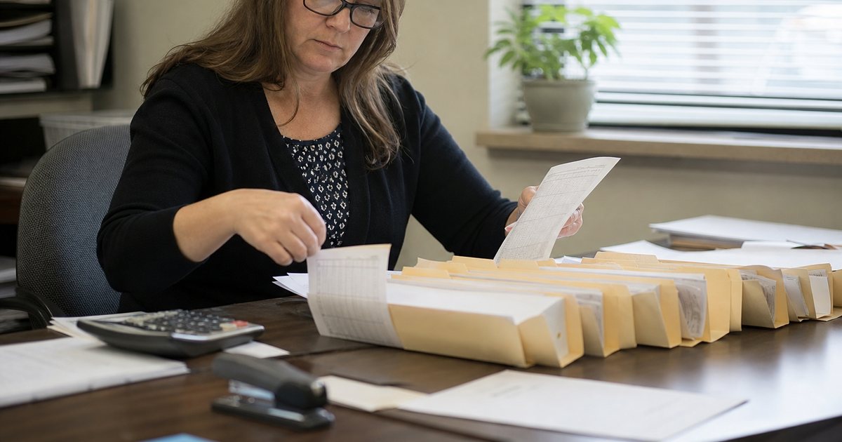 A bookkeeper at a small office desk sorting paper timesheets into labeled folders, a calculator and a stapler on the desk, afternoon light through a window with blinds