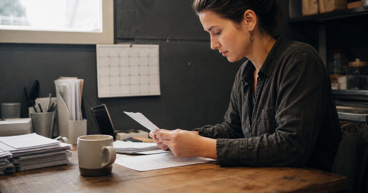 A cafe manager reviewing a paper schedule at a small back-office desk with a mug of coffee, a wall calendar, and stacked receipts, early morning light through a small window before opening