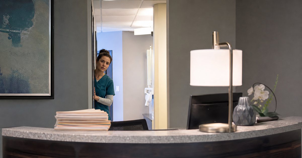 An empty reception desk in a small dental office at opening time with a lit desk lamp and a stack of patient folders, a colleague in scrubs peering through the doorway with a concerned expression